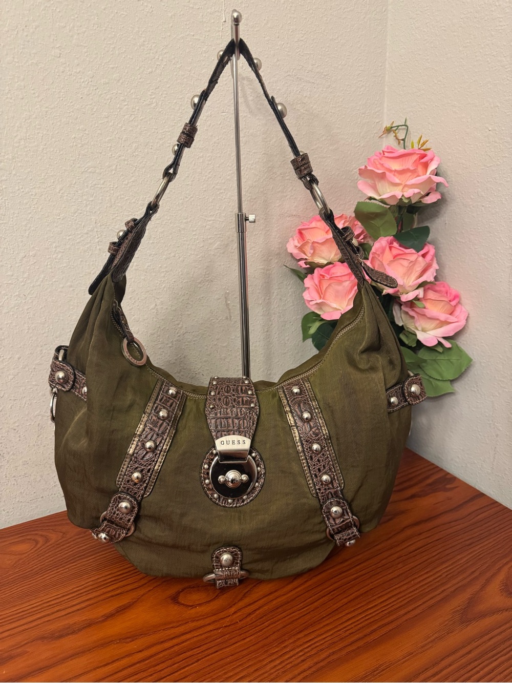 Vintage Icon Y2K green Shoulder Hobo Bag by Guess Studs Chains